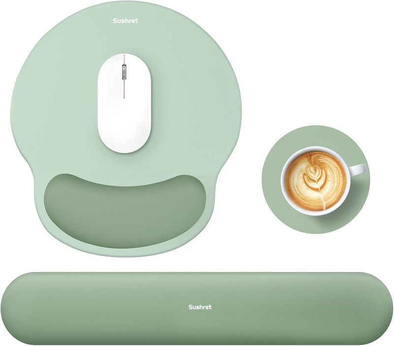 Sushret Mouse Pad and Keyboard Wrist Rest, 3-in-1 Gel Memory Foam Ergonomic Mouse Pad with Wrist Rest Set,Gaming Mousepad Arm Cushion Support for Computer Office Desk Accessories Cute Setup,Sage Green - Image 1